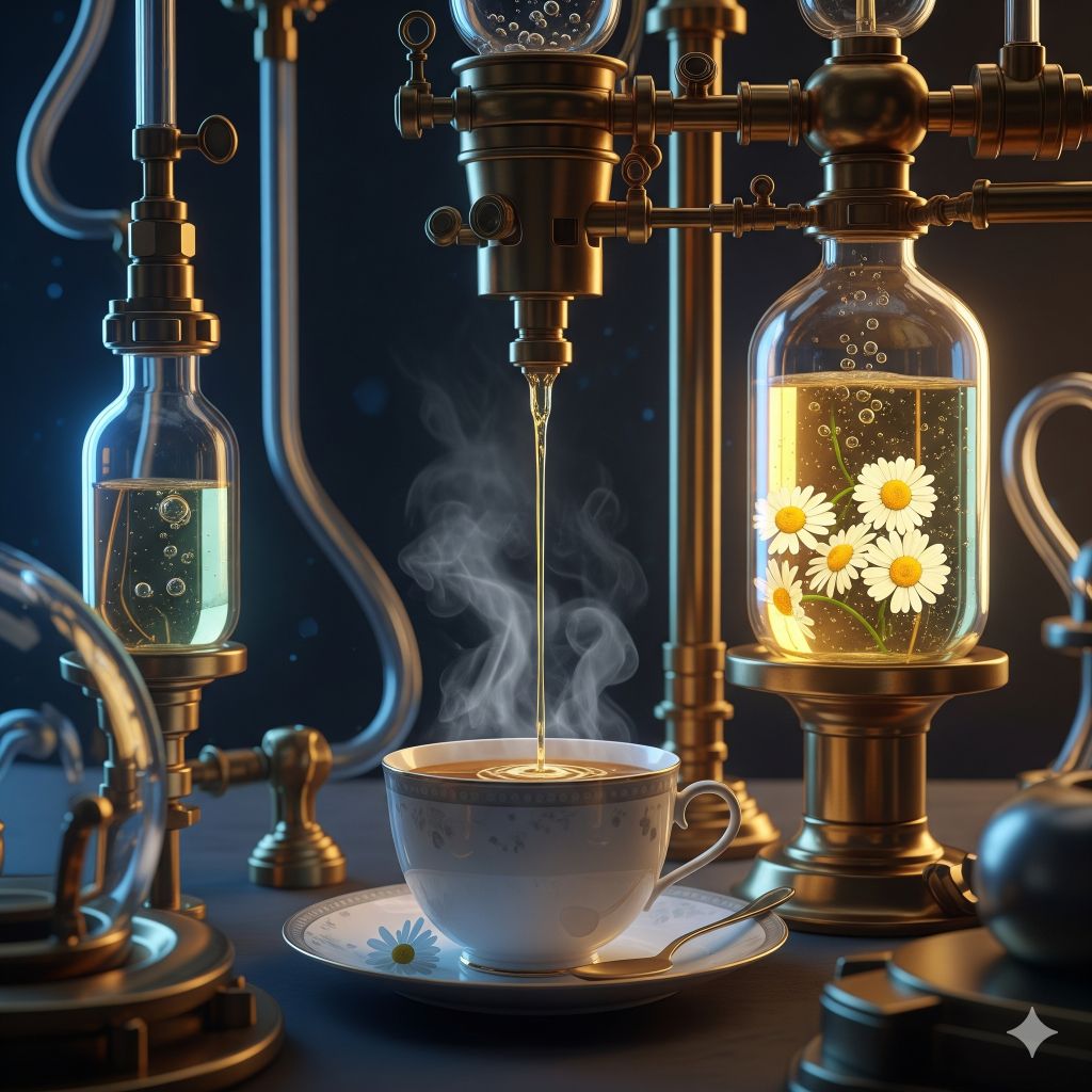 Steampunkowe laboratorium z parującym rumiankiem w szklanych naczyniach - precyzyjna technika parzenia naparu na sen
