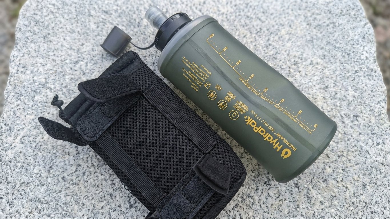 Miękki flask 500 ml z fabryczną skalą co 50 mililitrów, obok kieszeń na flask, na jasnym granicie.