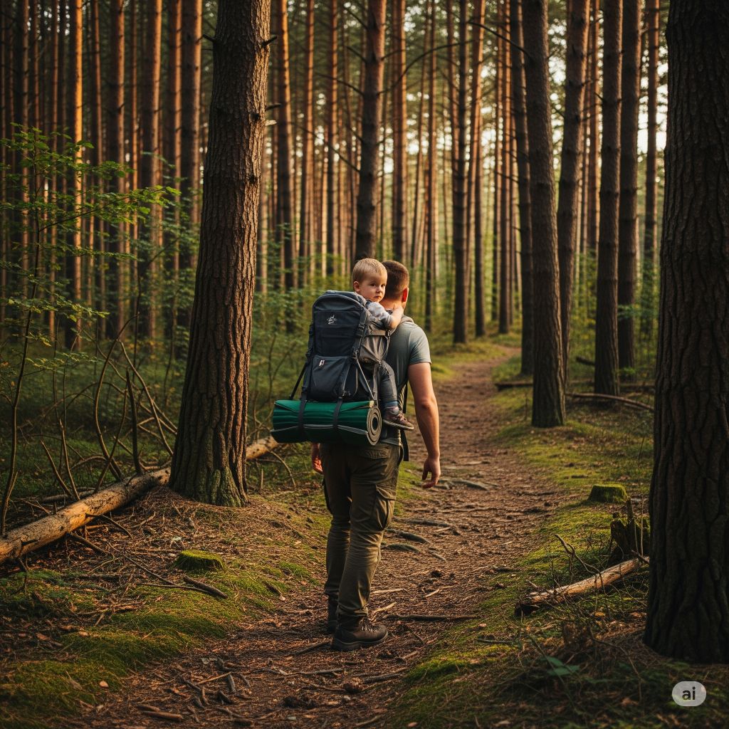 Ojciec z dzieckiem podczas rucking tating w lesie