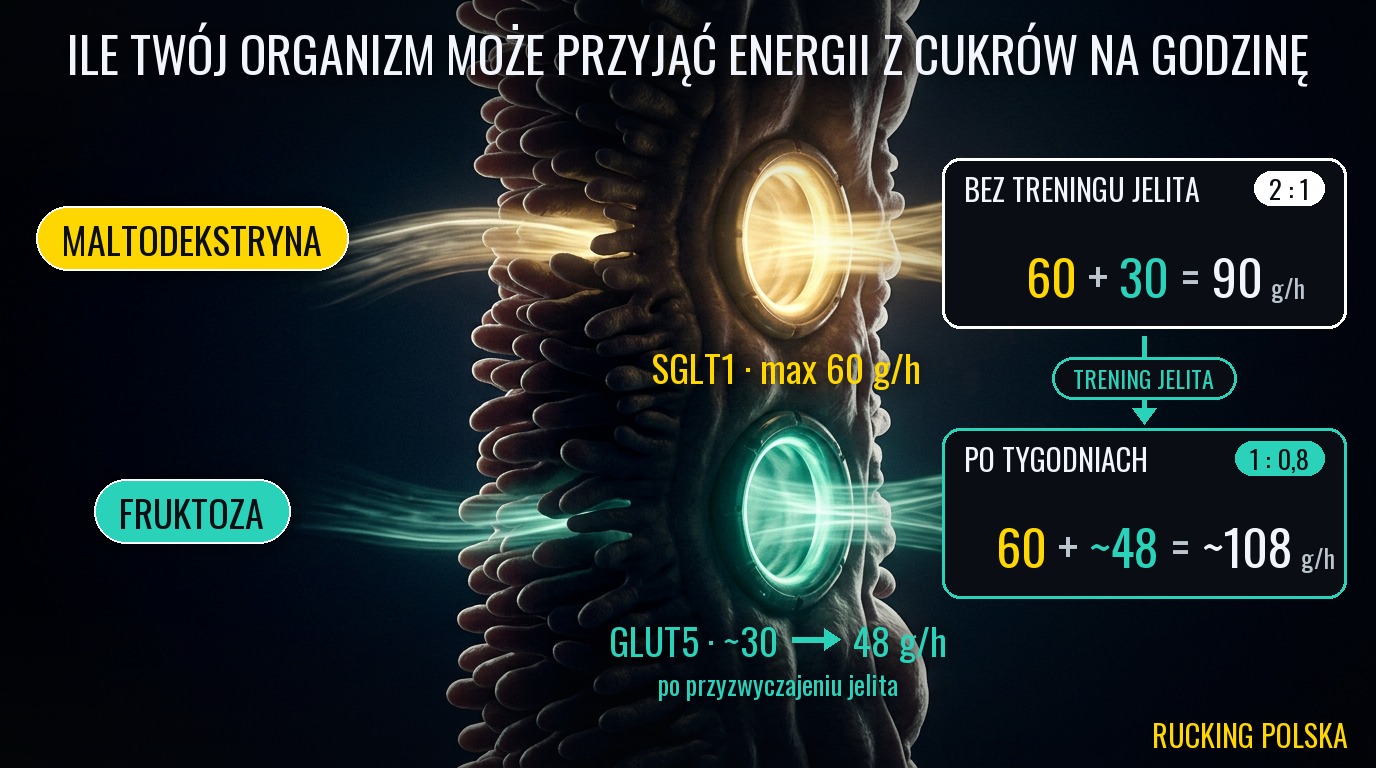 Ile organizm może przyjąć energii z cukrów na godzinę: maltodekstryna wchodzi bramką SGLT1 z limitem 60 g/h, fruktoza bramką GLUT5 — bez treningu jelita około 30 g/h, czyli razem 90 g/h przy proporcji 2:1; po tygodniach treningu jelita około 48 g/h, czyli razem około 108 g/h przy proporcji 1:0,8.