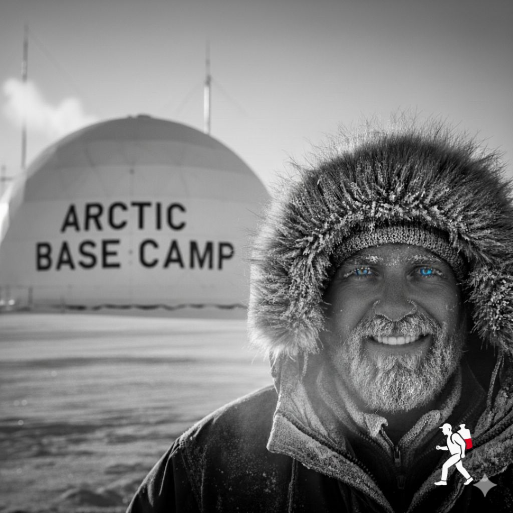 Uśmiechnięty mężczyzna w Arctic Base Camp - symbol podążania za celem większym niż własne ego