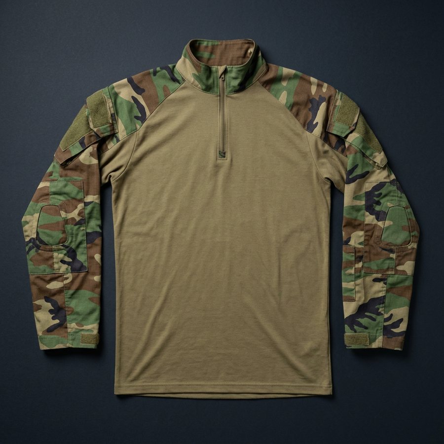 Combat shirt: gładki, elastyczny tułów w jednolitym kolorze, krótki zamek tylko przy kołnierzu, kamuflaż wyłącznie na rękawach.
