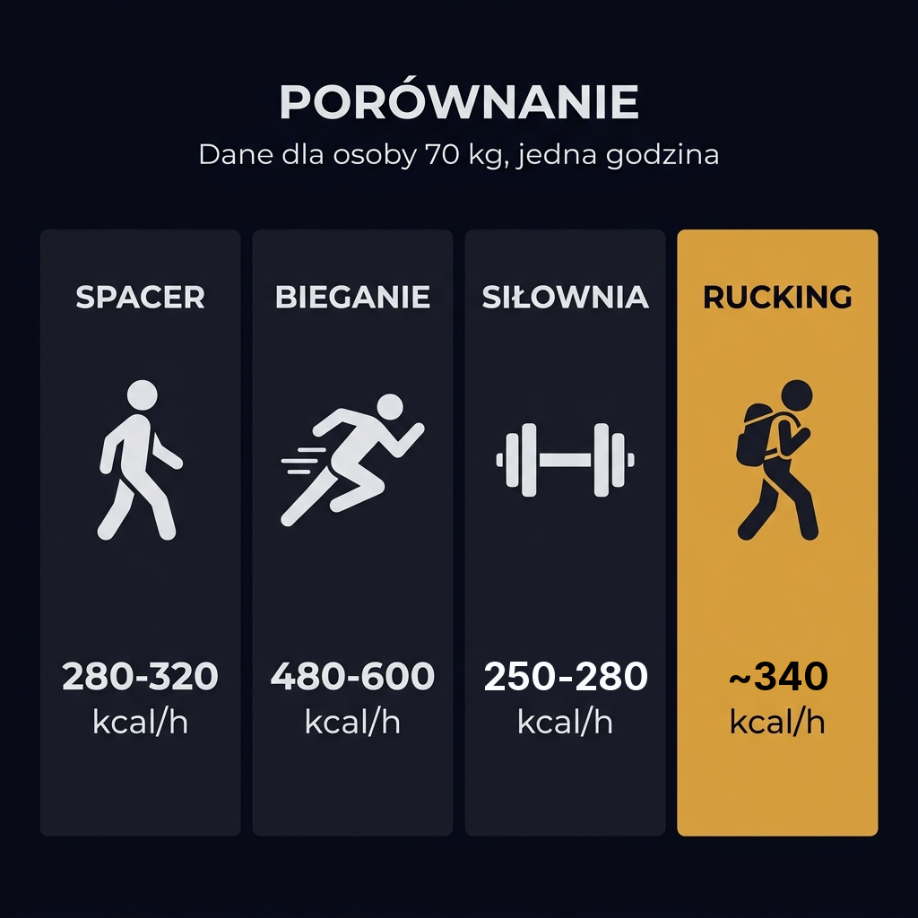 Infografika: szacunkowe spalanie kalorii w godzinę dla osoby 70 kg: spacer 280–320, bieganie 480–600, siłownia 250–280, rucking z plecakiem 10 kg około 340 kcal/h