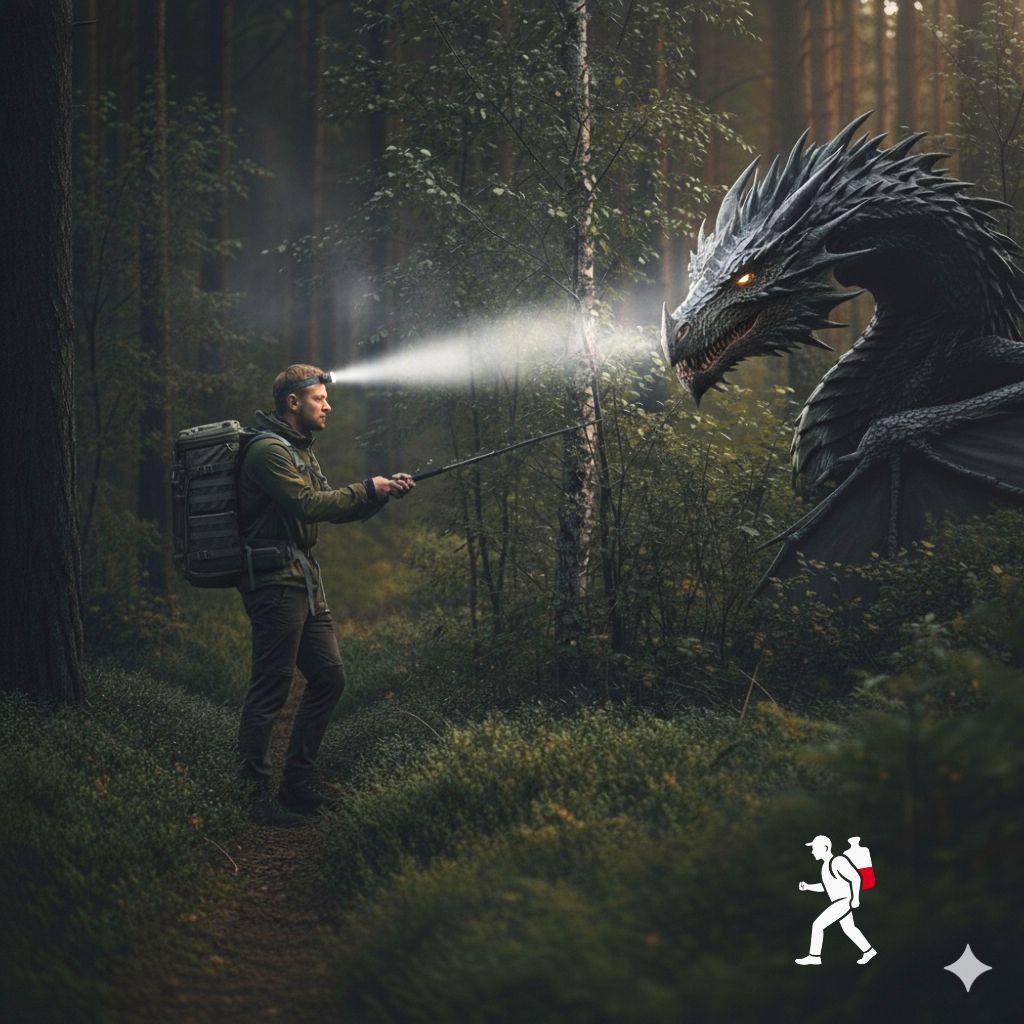 Rucker z kijkami trekkingowymi w walce ze smokiem w lesie - survival bonus Nordic Ruckingu