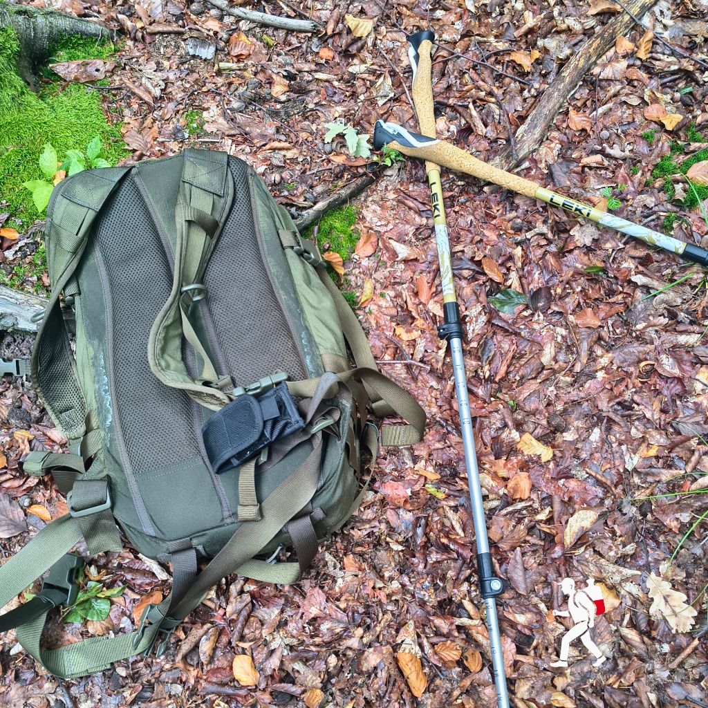 Plecak Rucking Polska z kijkami trekkingowymi na leśnej ścieżce - podstawowy sprzęt do Nordic Ruckingu