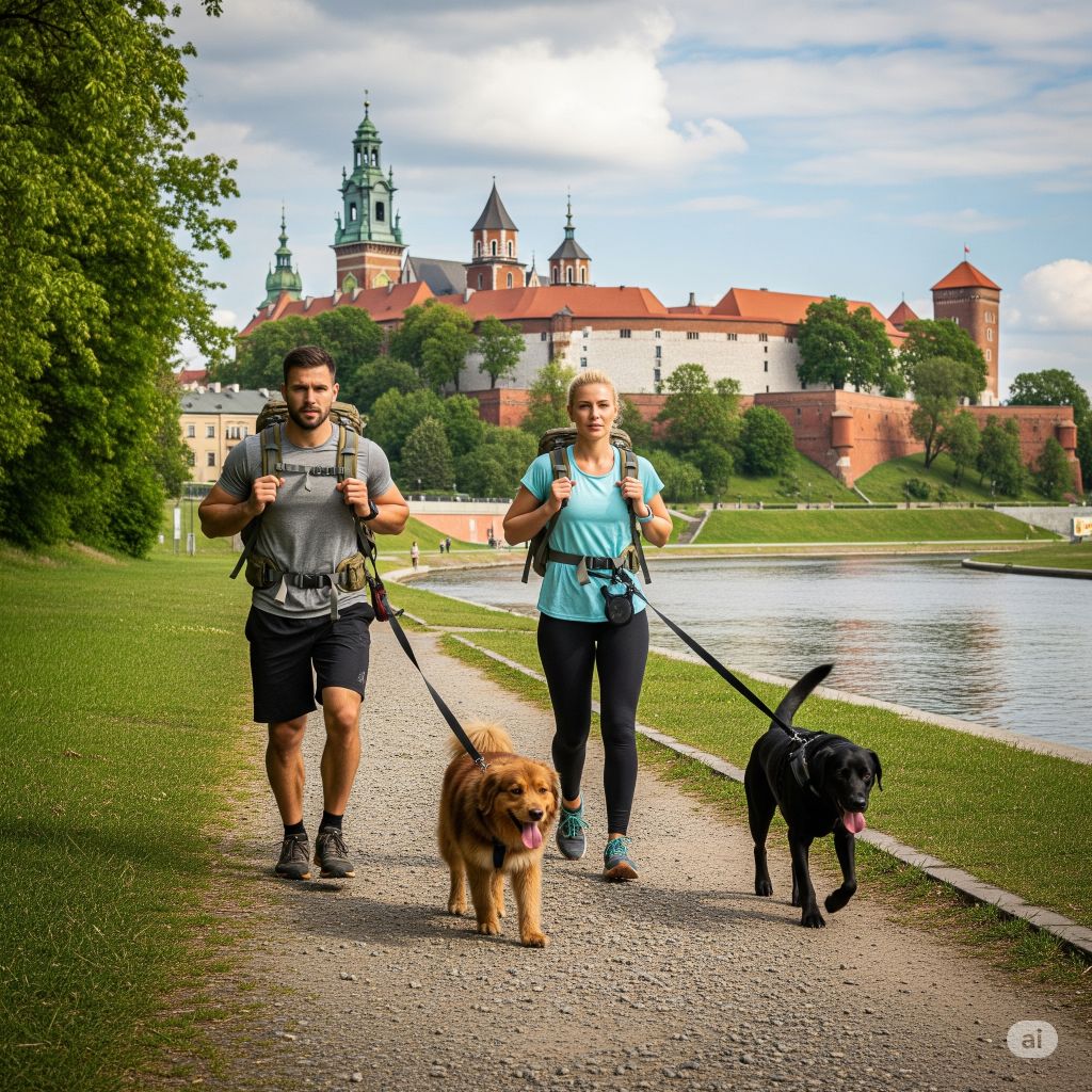 Para z psami podczas ruckingu przy zamku w Krakowie