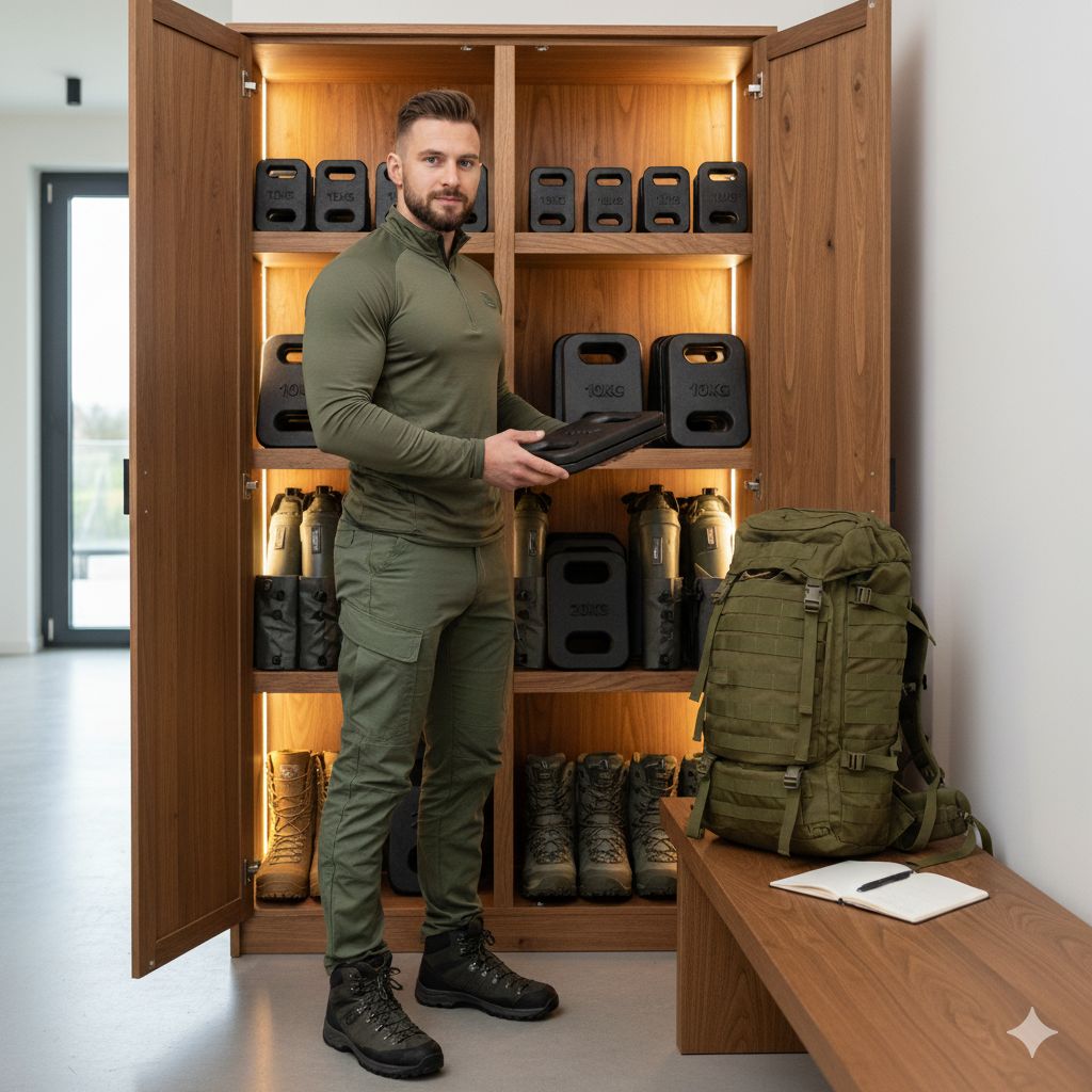 Szafa z kompletnym zestawem sprzętu ruckingowego - talerze obciążeniowe, plecaki, buty trekkingowe i akcesoria