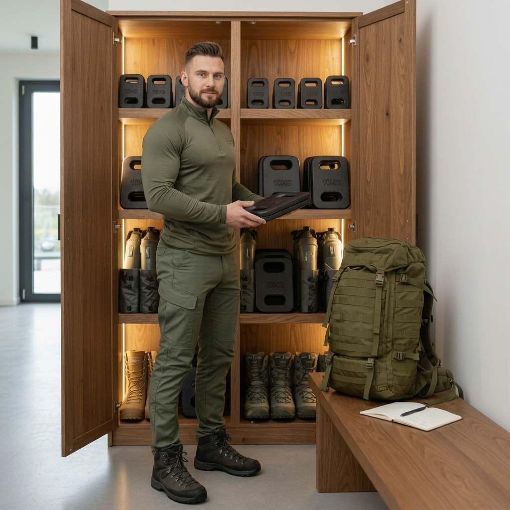 Mężczyzna przy szafie z kompletnym zestawem sprzętu ruckingowego — talerze obciążeniowe, plecaki, buty trekkingowe