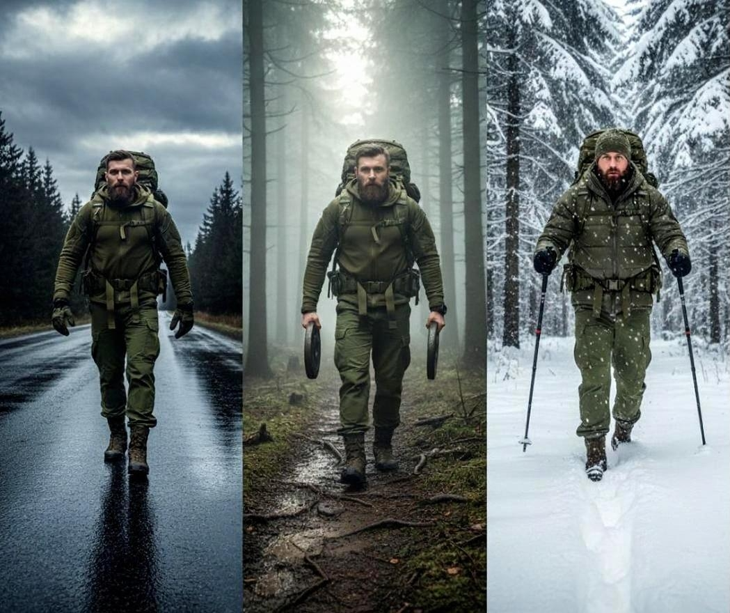 Rucker w trzech warunkach pogodowych — deszcz na asfalcie, mglisty las, śnieg z kijkami