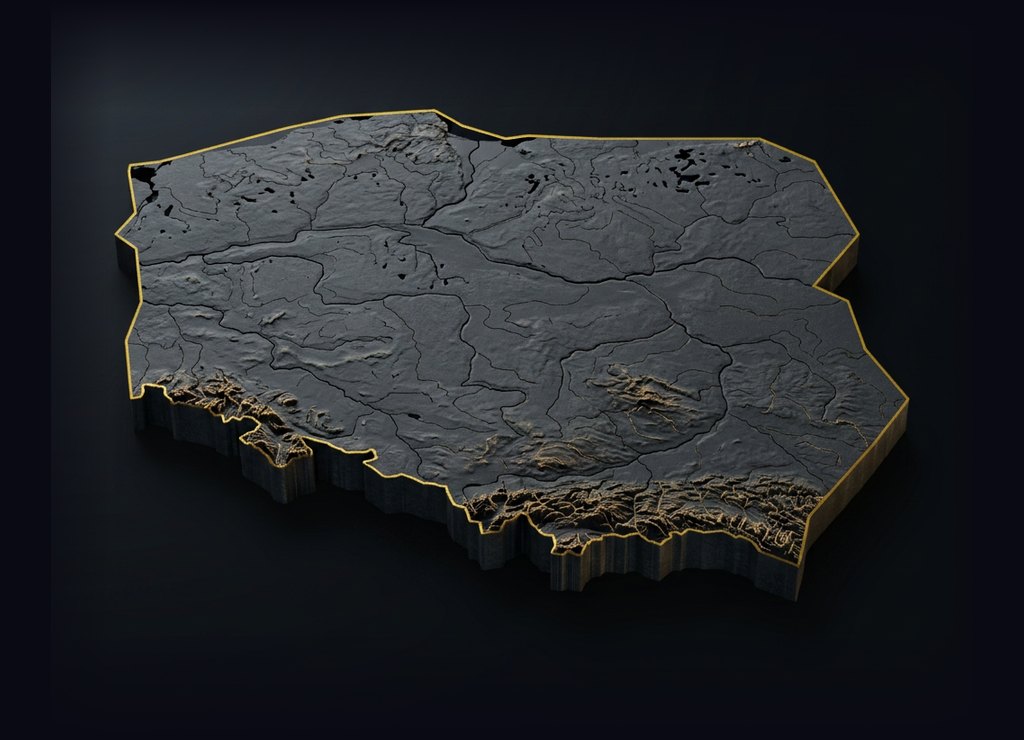 Mapa Polski jako pochylona bryła 3D z zaznaczonymi trzema miastami pięciu biegów Wielkiego Szlema Komandosa: Słupsk (maj), Warszawa (luty), Lubliniec (marzec, październik, listopad). Niebieskim pinem Wilkowice na Pomorzu: Katorżniczy Bieg Wilka, w 2026 zaliczany do Super Szlema.